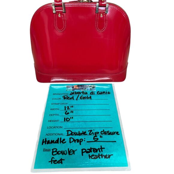 Alberta Di Canio Red Satchel Handbag Top Handle Patent Leather Large Bowler Bags - Picture 10 of 10